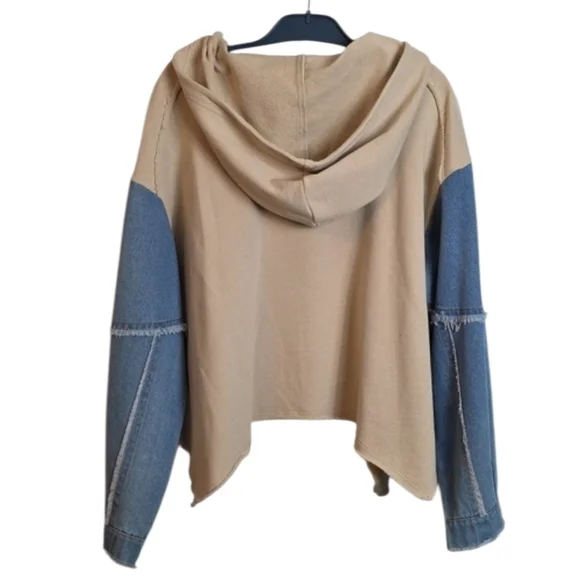 Ces Femme Oversized Cropped Sweatshirt Tan Blue Denim Block Sleeves Small - Picture 9 of 15